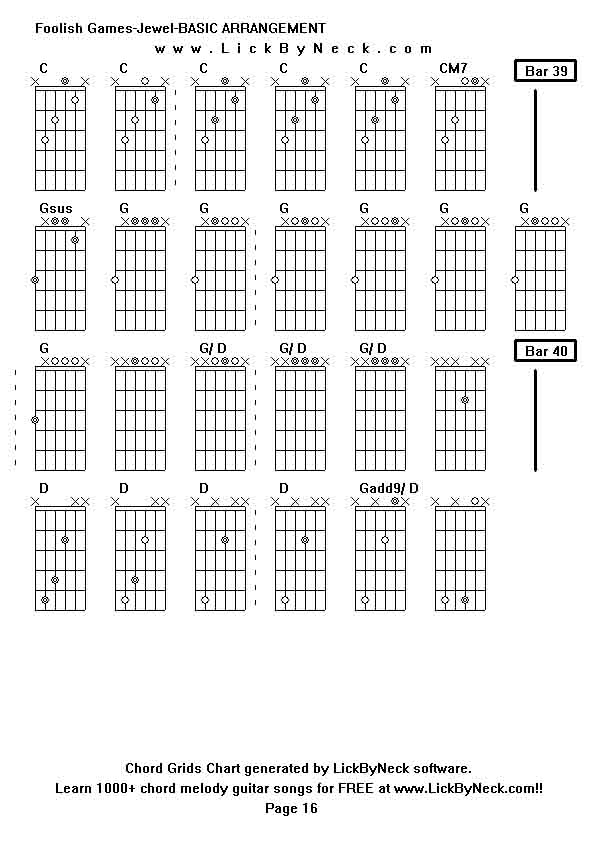 Chord Grids Chart of chord melody fingerstyle guitar song-Foolish Games-Jewel-BASIC ARRANGEMENT,generated by LickByNeck software.